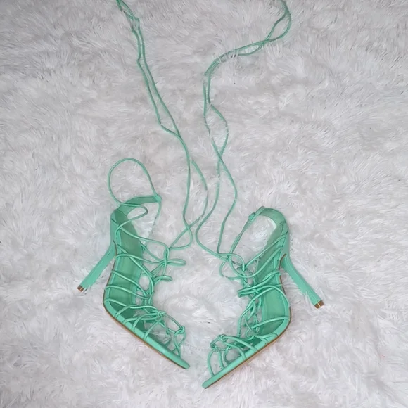 SCHUTZ Heyde Nappa Leather Heeled Strappy Lace Up Sandal Mint Green NEW Size 9.5 - Picture 6 of 10